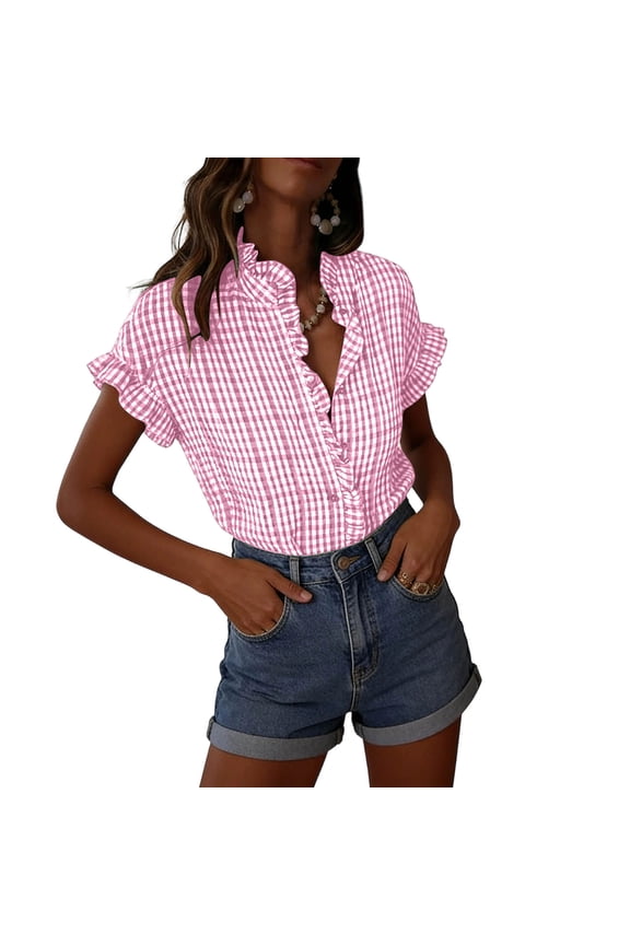 Womens Plaid Ruffle V Neck Button Down Blouse Short Sleeve Trendy Gingham Shirts Casual Dressy Business Work Checkered Tops
