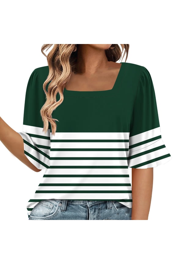 Womens Summer Tops Square Neck Color Block Striped Ruffle Half Sleeve T Shirts Trendy Casual Tunic Blouses Tops