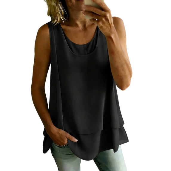 BTDECLAR Womens Tank Tops Double Layers Round Neck Summer Sleeveless Shirts Casual Loose Fit Lightweight Flowy Tunic Blouses Tops