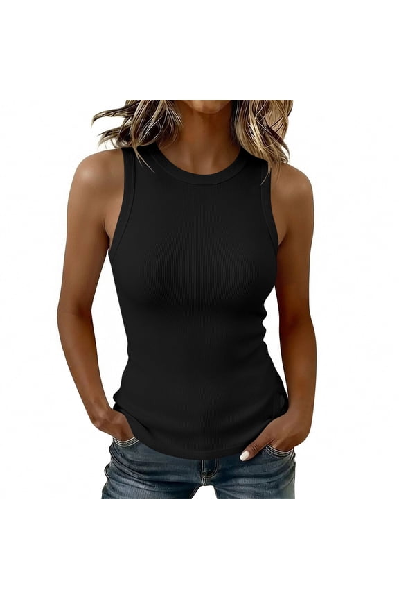 Womens Tank Tops Summer Sleeveless Racerback Casual Basic Ribbed Knit Shirts Crewneck Stretchy Slim Fit Going Out Tops