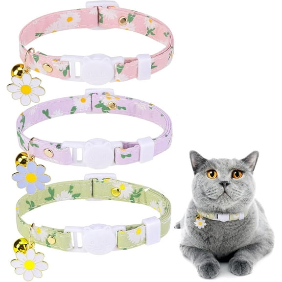 BTEPSGA 3 Pack Breakaway Cat Collars with Bell- Daisy Pendant Spring Cat Collar for Girl Boy Cats with Safety Buckle- Cute Kitten Collar Adjustable 8"-12" for Kitty Puppy Small Pets