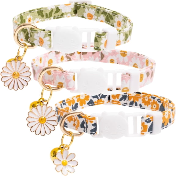 BTEPSGA 3 Pack Cotton Safe Breakaway Cat Collars with Bell Daisy Charm Green Blue Pink Kitty Kitten Cute Cat Collars for Girl Cats Female Cats