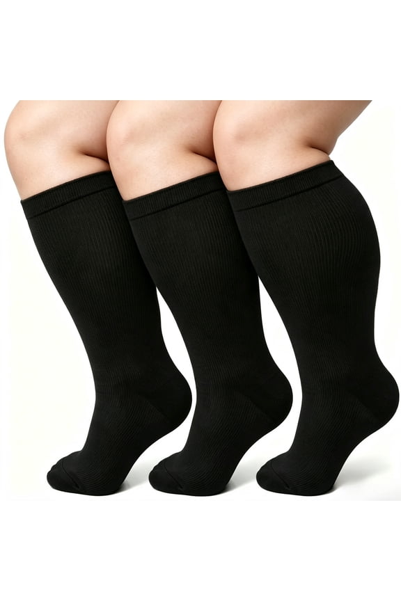3 Pairs Plus Size Compression Socks for Women Men Running ,Travel,Black,4X