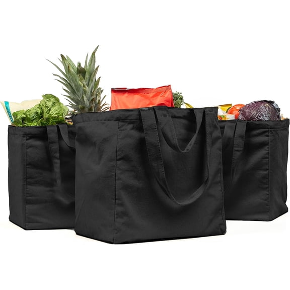 BTEPSGA 3Pack Canvas Grocery Bag XL Set with Real Pockets, Long Shoulder Strap and Short Handle. Heavy Duty, Foldable, Washable