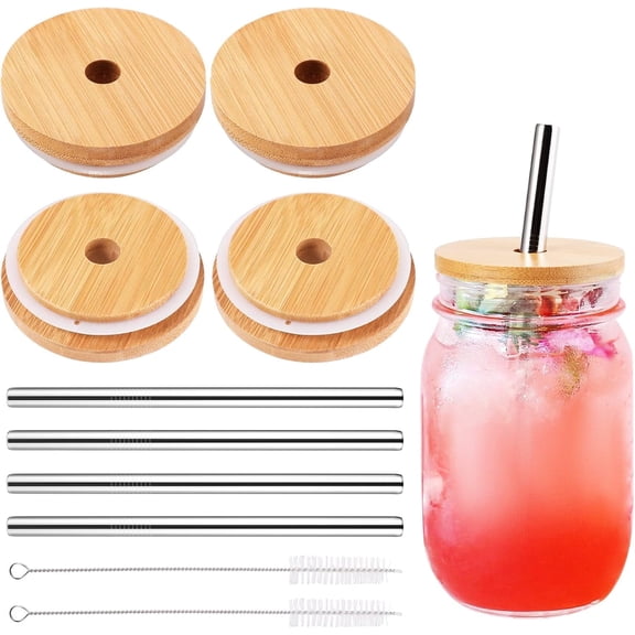 BTEPSGA 4 Pack Reusable Bamboo Regular Mouth Drinking Lids with Straw Hole and Straw for Mason Jar (JAR NOT INCLUDED)
