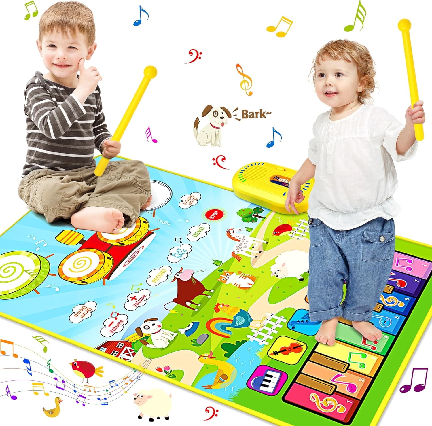 BTEPSGA Musical Mat for Toddlers, Musical Toys Child Floor Piano Keyboard and Drum Mat Carpet with 2 Sticks, Animal Blanket Touch Play Mat Pads, Christmas Birthday Gifts for Girls Boys