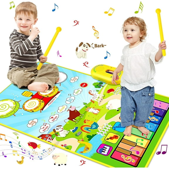 BTEPSGA Musical Mat for Toddlers, Musical Toys Child Floor Piano Keyboard and Drum Mat Carpet with 2 Sticks, Animal Blanket Touch Play Mat Pads, Christmas Birthday Gifts for Girls Boys