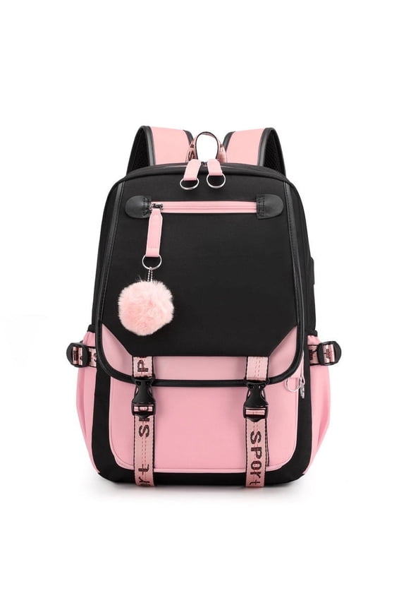 BTEPSGA Teenage Backpack, Shoulder Bag with USB Charging Port Outdoor Daypack, College Backpack (21 Liters, Black Pink)