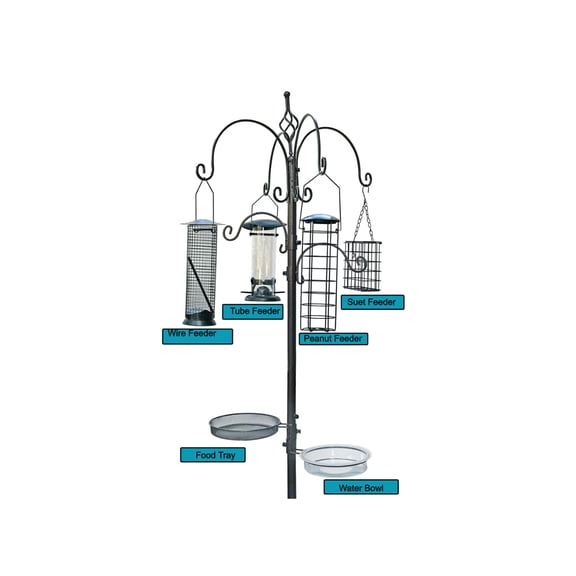 BTEXPERT 6-Hook Bath Feeding Station Kit, 4 Wild Multi Pole Steel Hanging Stand Suet Wire Peanut Tube Feeder 22" Wide x 96" Tall 5-Prong
