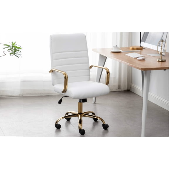 BTEXPERT Ergonomic White Faux Leather Adjustable Home Office Arm Chair Golden Finish