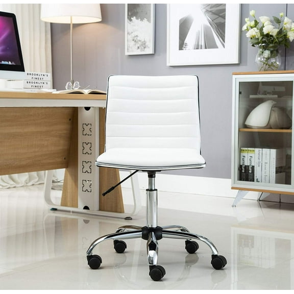 BTEXPERT Swivel Mid Back Armless Ribbed Task Leather Chair, White upholstery and Chrome