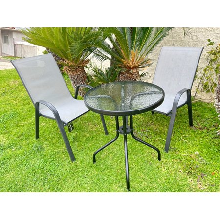 BTExpert Indoor Outdoor 23.75" Round Tempered Glass Metal Table + 2 Gray Flexible Sling Stack Chairs