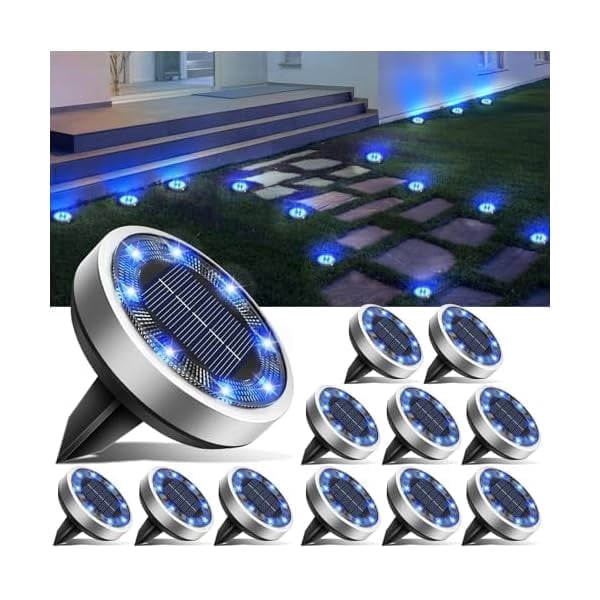 Solar Lights Outdoor Waterproof, 16 Pack Solar Lights Outdoor, 8 Led Solar Ground Lights Ip65 Waterproof Flat Solar Disc Light, Pathway Lights for Garden Lawn Patio Yard Path Landscape, Blue