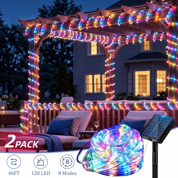 Outdoor Lights, 2 Pack Solar Rope Lights, 120Led 46Ft Waterproof, 8 Lighting Modes Tree Tube Fairy Light Solar Powered for Garden Yard Party Decoration, Multicolor, String Lights