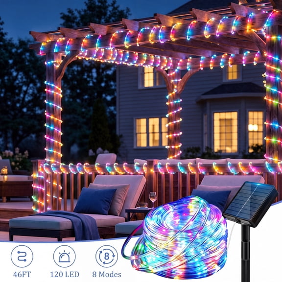 Outdoor Lights, Solar Rope Lights Outdoor, 120Led 46Ft Solar String Lights Waterproof, 8 Modes Tree Tube Fairy Light Solar Powered for Garden Yard Party Decorations, Multicolor, String Lights