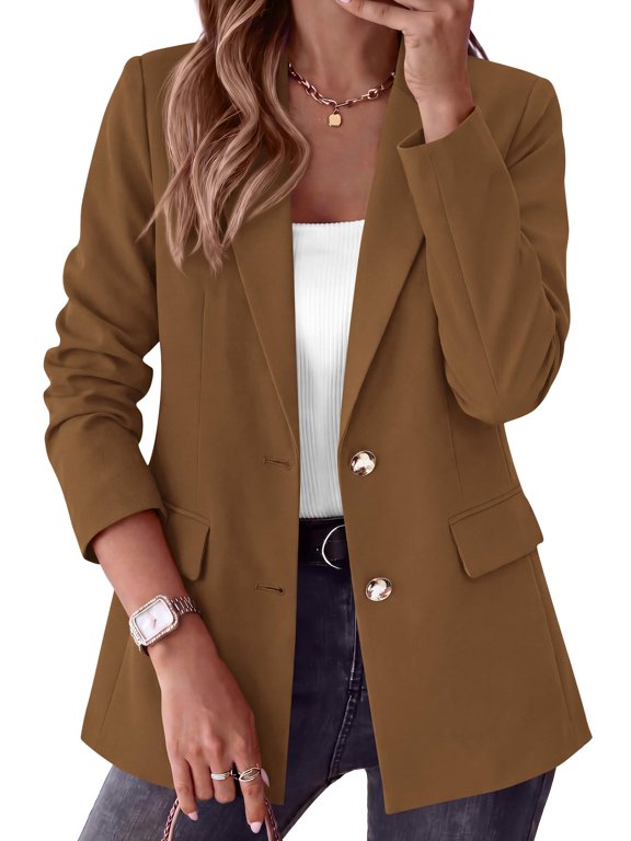 Blazers for Women Business Casual Outfits Work Fall Clothes Breasted Notch Lapel, Long Sleeve, Gold Button, Fitted, Open Front Suit Jackets, Pockets, Dressy Professional Office Blazer