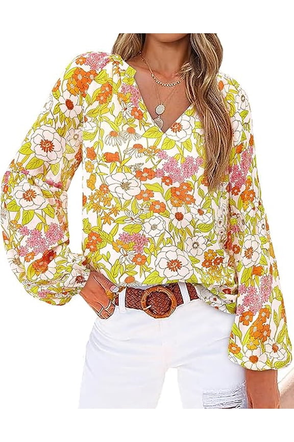 Blouses for Women Dressy Casual Floral Summer Boho Tops V Neck Lightweight Long Sleeve Shirts Spring Clothes