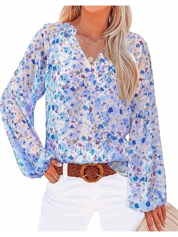 Blouses for Women Dressy Casual Boho Tops V Neck Lightweight Long Sleeve Shirts Spring Clothes