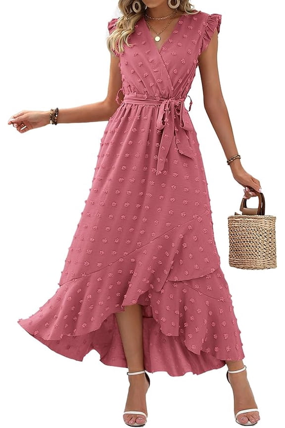 Boho Dresses for Women Spring Fashion Cap Sleeve Swiss Dot Flowy Ruffle Beach Wedding Cocktail Maxi Dress