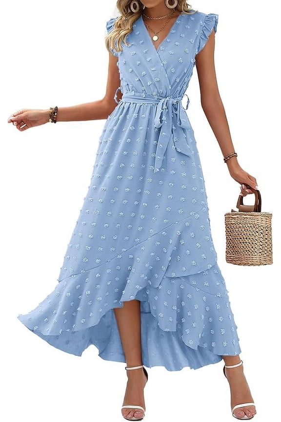 Boho Dresses for Women Spring Fashion Cap Sleeve Swiss Dot Flowy Ruffle Beach Wedding Cocktail Maxi Dress
