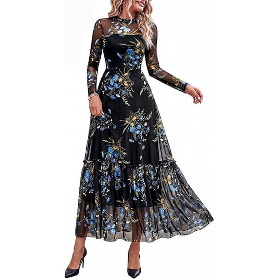 BTFBM Boho Mesh Long Sleeve Dress for Women | Mock Neck, Floral, A Line, Tiered, Graduation, Wedding, Cocktail Maxi Dresses, Fall Fashion, Resort Wear