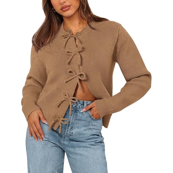BTFBM Bow Cropped Cardigan Sweaters for Women Fall Winter Open Front Sweater Long Sleeve Button Fashion Spring Clothes