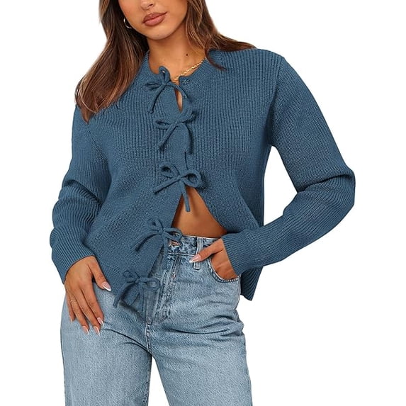 BTFBM Bow Cropped Cardigan Sweaters for Women Fall Winter Open Front Sweater Long Sleeve Button Fashion Spring Clothes