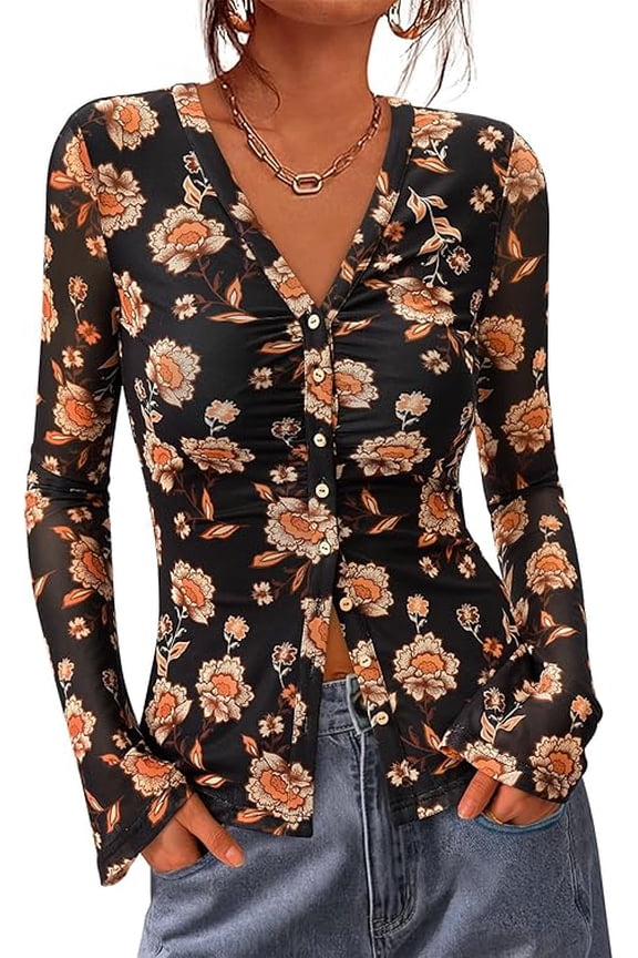 Button Down Shirts for Women Spring Boho Tops V Neck Long Sleeve Blouses Ruched Mesh Fitted Fall Fashion
