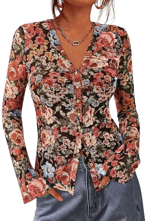 Button Down Shirts for Women Spring Boho Tops V Neck Long Sleeve Blouses Ruched Mesh Fitted Fall Fashion
