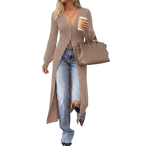 BTFBM Button Up Long Cardigans for Women Ribbed V Neck Midi Sweater Dress Puff Long Sleeve Cardigan Sweaters, Soft Stretchy Lightweight Duster Cardigans, Knit Winter Dresses, Fall Outfits Trendy