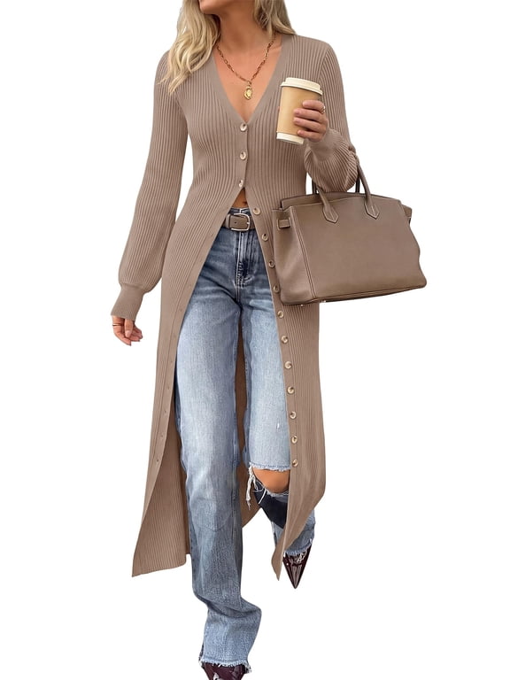 Button Up Long Cardigans for Women Ribbed V Neck Midi Sweater Dress Puff Long Sleeve Cardigan Sweaters, Soft Stretchy Lightweight Duster Cardigans, Knit Winter Dresses, Fall Outfits Trendy