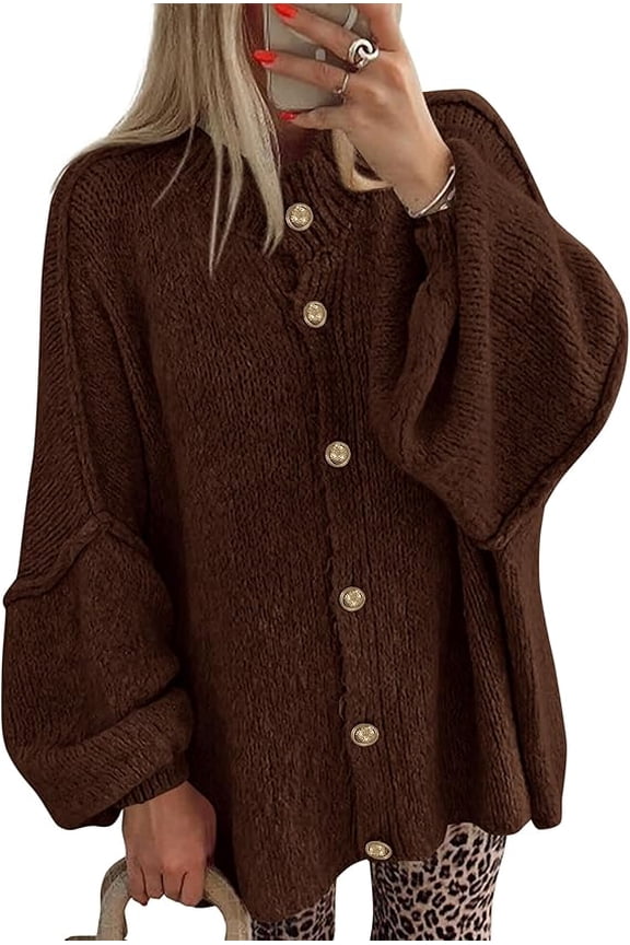 Cardigan Sweaters for Women Fall Clothes Lantern Long Sleeve Button Open Front Chunky Knit Oversized Sweater