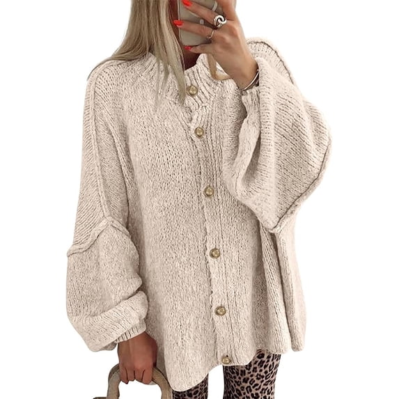 BTFBM Cardigan Sweaters for Women Fall Clothes Lantern Long Sleeve Button Open Front Chunky Knit Oversized Sweater
