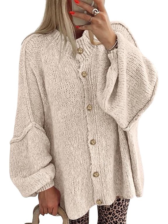 Cardigan Sweaters for Women Fall Clothes Lantern Long Sleeve Button Open Front Chunky Knit Oversized Sweater