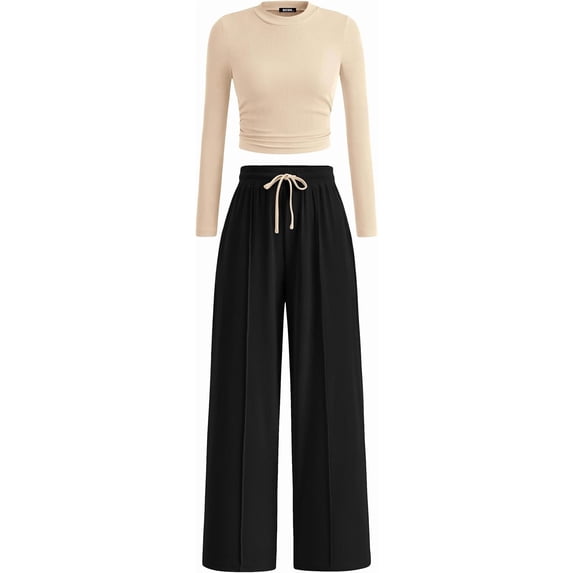 BTFBM Casual 2 Piece Sets For Women Fall Outfits Ribbed Spring Long Sleeve Crop Top Wide Leg Pants Matching Lounge Set