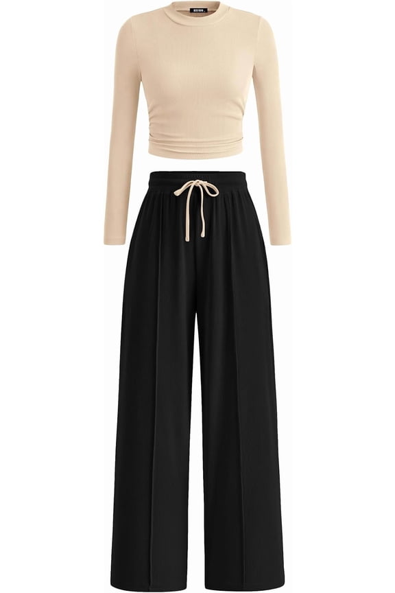 Casual 2 Piece Sets For Women Fall Outfits Ribbed Spring Long Sleeve Crop Top Wide Leg Pants Matching Lounge Set