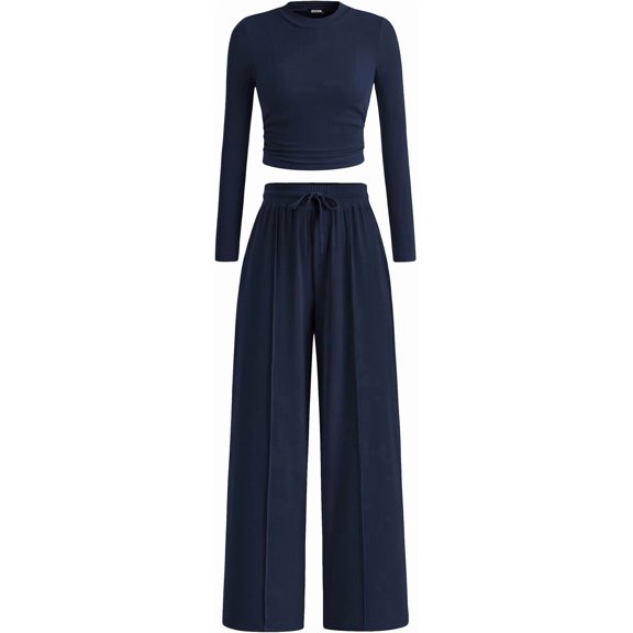 BTFBM Casual 2 Piece Sets For Women Fall Outfits Ribbed Spring Long Sleeve Crop Top Wide Leg Pants Matching Lounge Set
