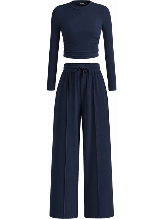 Casual 2 Piece Sets For Women Fall Outfits Ribbed Spring Long Sleeve Crop Top Wide Leg Pants Matching Lounge Set