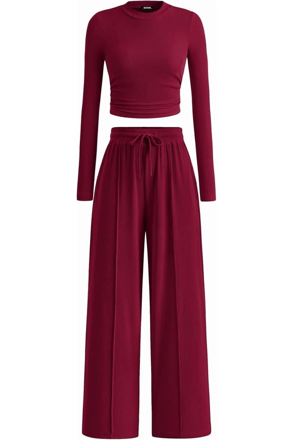 Casual 2 Piece Sets For Women Fall Outfits Ribbed Spring Long Sleeve Crop Top Wide Leg Pants Matching Lounge Set