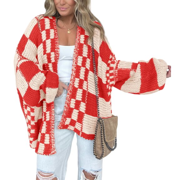 BTFBM Casual Cardigan Sweater for Women Fall Long Sleeve Sweaters Fall Outfits, Loose Fit,Solid,Open Front Chunky Knit Sweaters,Chunky Cardigan Sweaters For Women,Checkered Outwear Coat