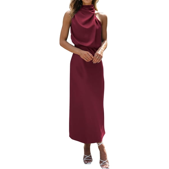 BTFBM Cocktail Dresses for Women Summer Satin Silk Sleeveless Mock Neck Maxi Wedding Guest Dress Spring Outfits