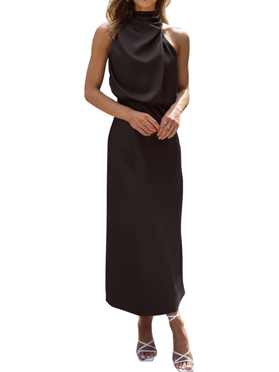 Cocktail Dresses for Women Summer Satin Silk Sleeveless Mock Neck Maxi Wedding Guest Dress Spring Outfits