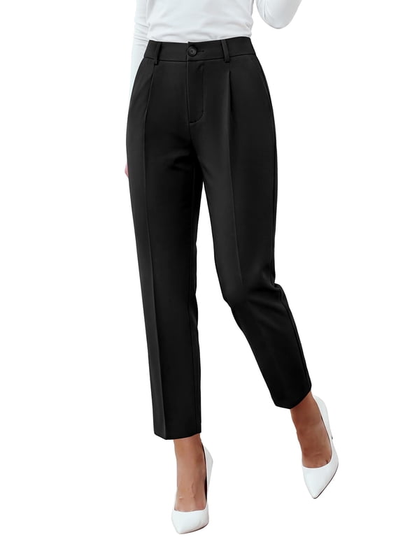Dress Pants Women Work Business Office Ankle Trousers Pockets Straight Leg Pleated Womens Slacks,Tapered Trousers for Work Office,Elastic Back High Waist,Fall Business Casual Outfits