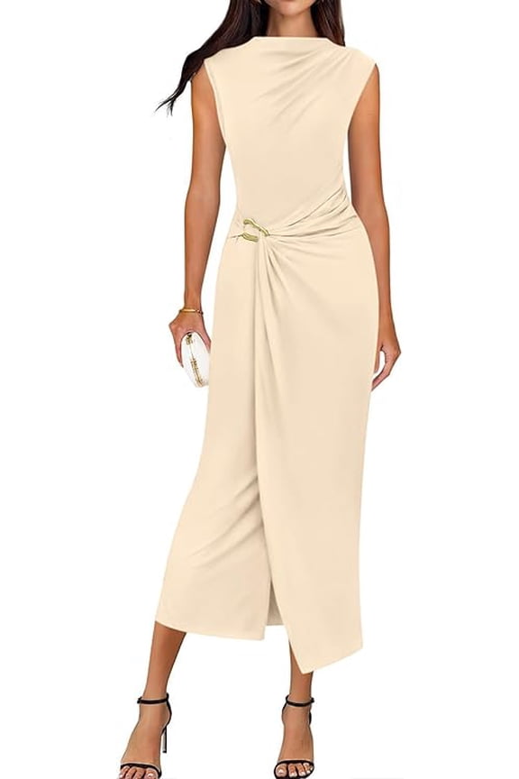 Dresses for Women Summer Clothes Formal Bodycon Mock Neck Cap Sleeve Midi Party Cocktail Wedding Guest Dress