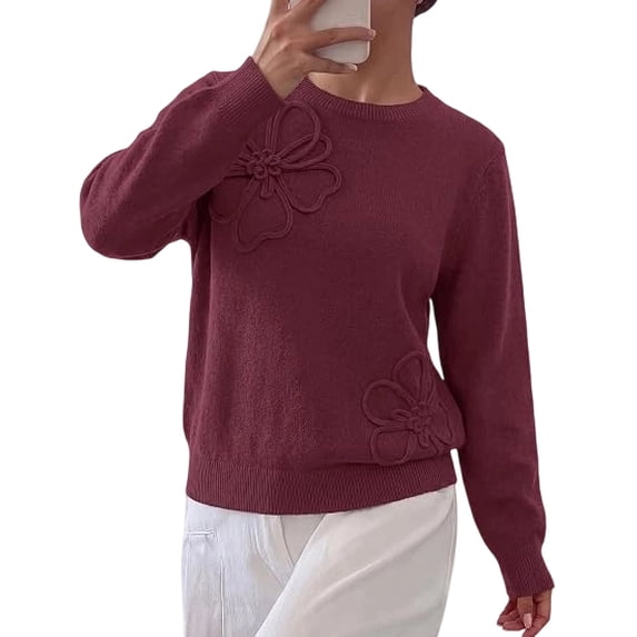 BTFBM Fall Long Sleeve Sweaters for Women Trendy | Lightweight Knit Sweater, Cute 3D Flower Embroidery Crew Neck Tops,Business Casual,Holiday Winter Clothes