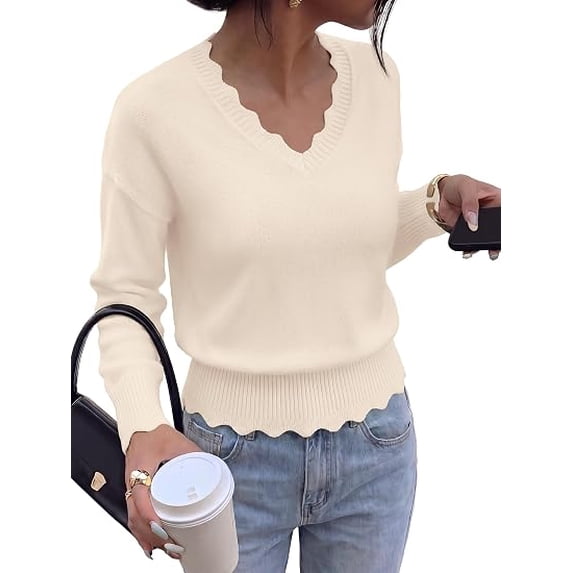 BTFBM Fall Long Sleeve Sweaters for Women | V Neck,Drop Shoulders,Scallop Edges,Lightweight Knit Sweaters Top,Daily Wear,Holiday,Christmas,Winter Clothing