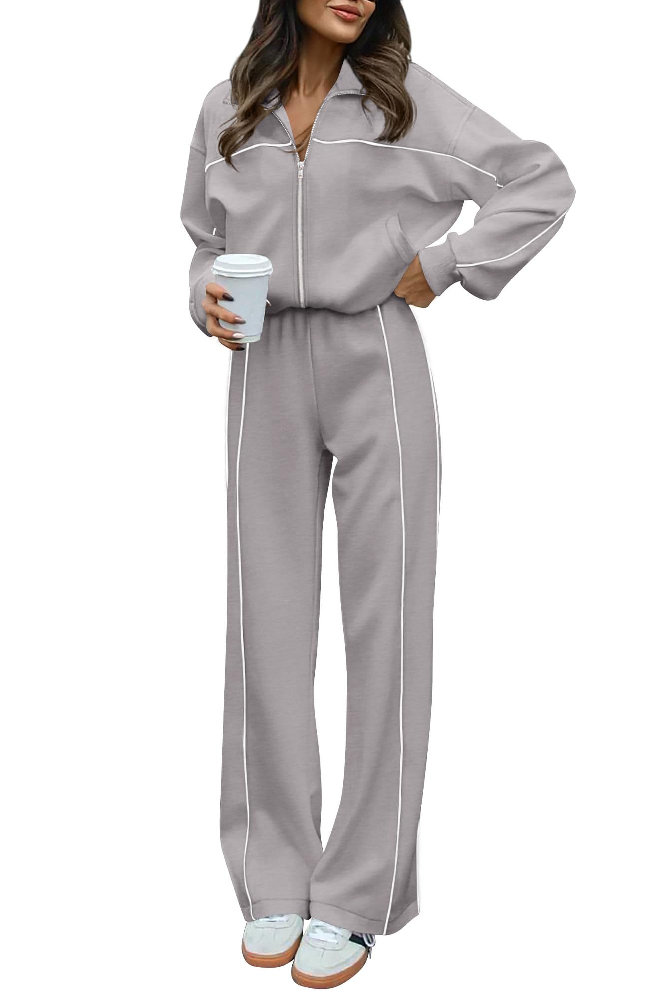 BTFBM Fall Outfits For Women Lounge Sets Airport Outfits 2 Piece Sets,Airport Outfits For Women,Long Sleeve Zip Up Sweatshirt,Pockets,Wide Pants,Tracksuit, Jogger Sweatsuit,Vacation