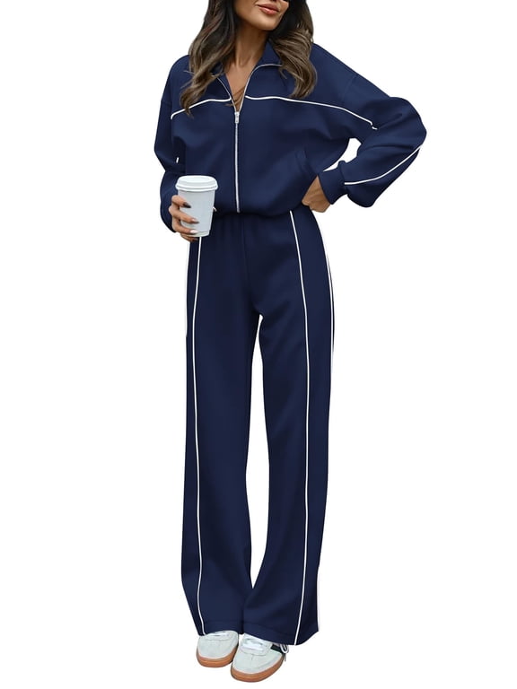 Fall Outfits For Women Lounge Sets Airport Outfits 2 Piece Sets,Airport Outfits For Women,Long Sleeve Zip Up Sweatshirt,Pockets,Wide Pants,Tracksuit, Jogger Sweatsuit,Vacation