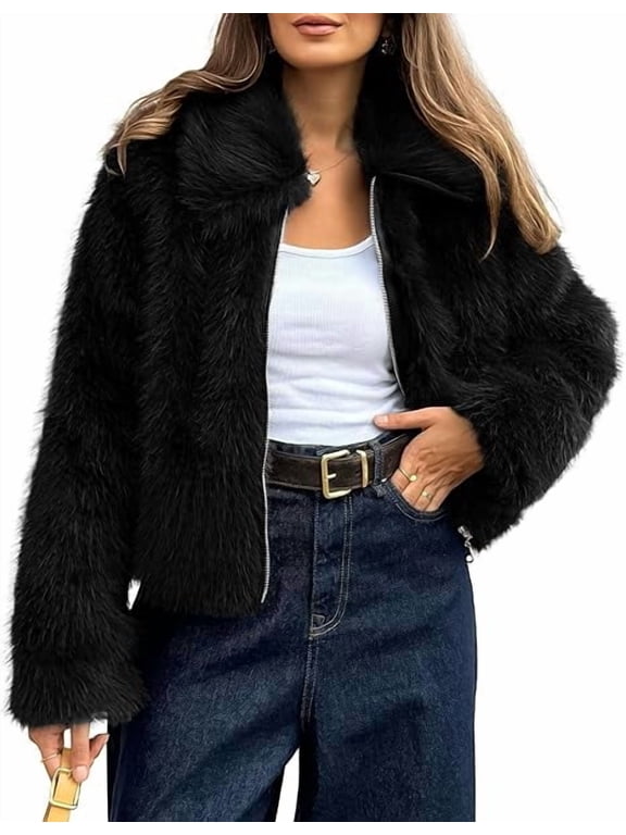 Faux Fur Jacket Women Fluffy Winter Cropped Coats Zip Up Fuzzy Jackets Long Sleeve Furry Coat Fall Clothes