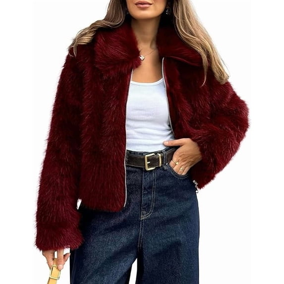 BTFBM Faux Fur Jacket Women Fluffy Winter Cropped Coats Zip Up Fuzzy Jackets Long Sleeve Furry Coat Fall Clothes